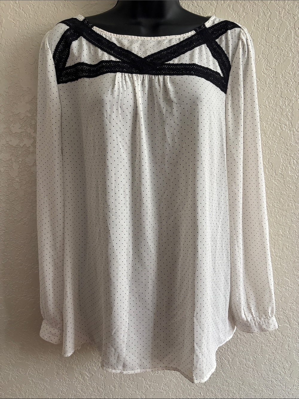 LOFT White Polka Dot Long-Sleeve Blouse with Black Lace Yoke